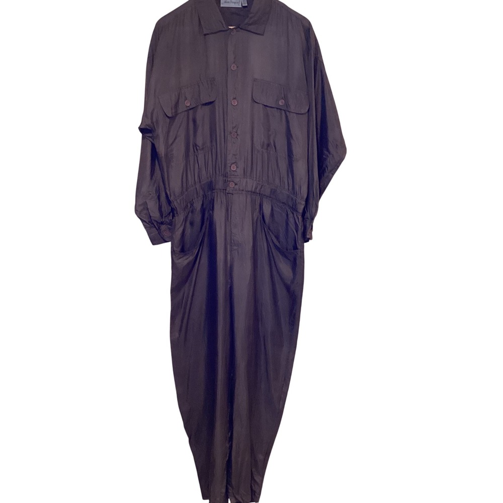 VINTAGE ADAM DOUGLAS Olive Green 100% Silk Jumpsuit, Size Large